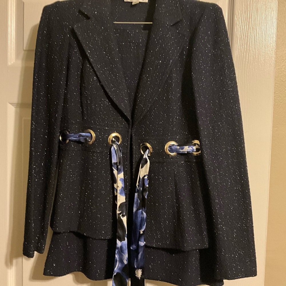 St. John Black Blazer and matching skirt with Blue Floral Accents.